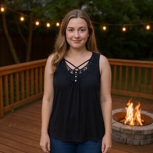 Black First Look Tank Top Blouse Large Sleeveless Shirt L Lace Faux Pearls